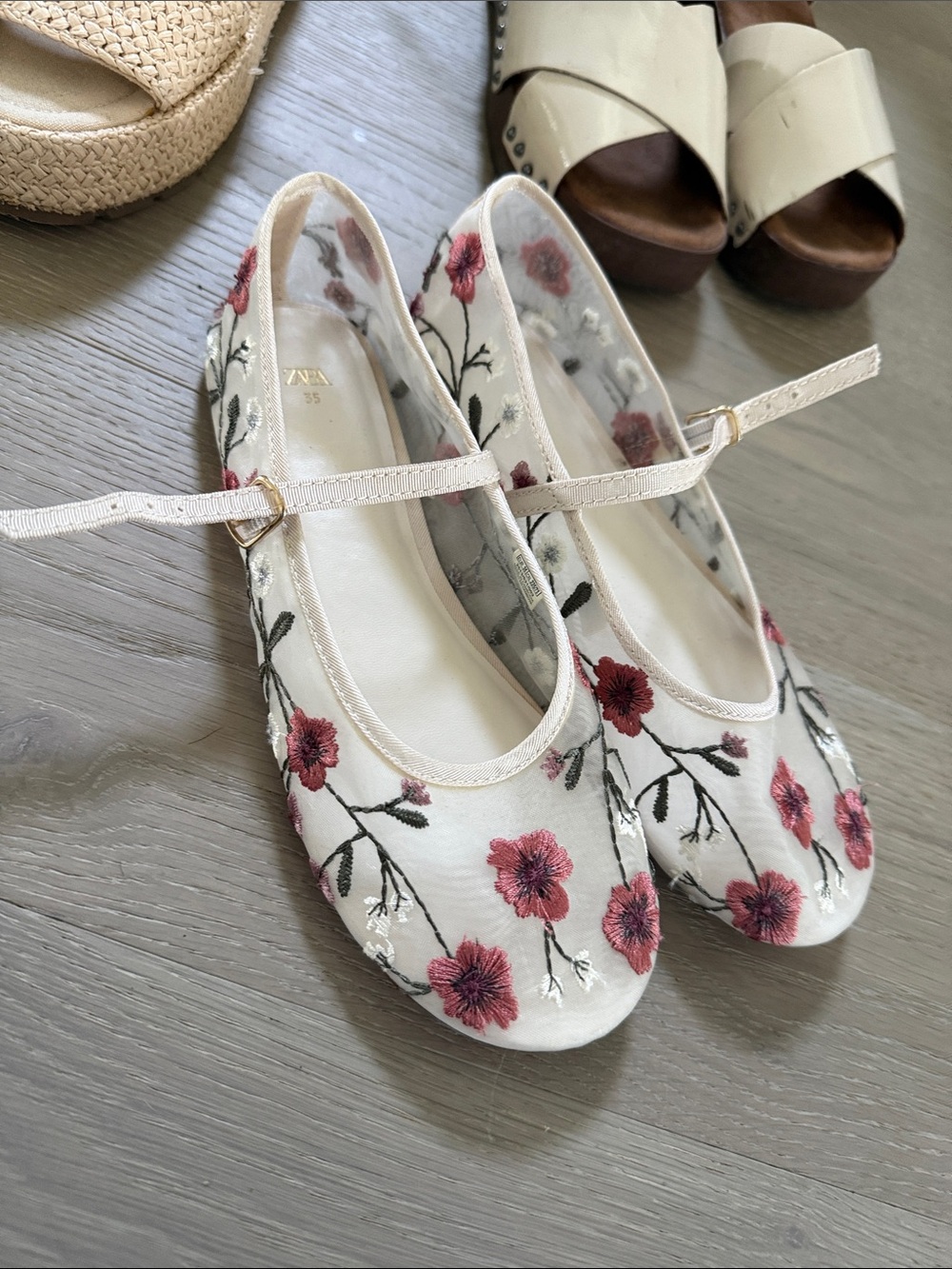 Zara White Mary Jane Flats with Pink Floral Embroidery